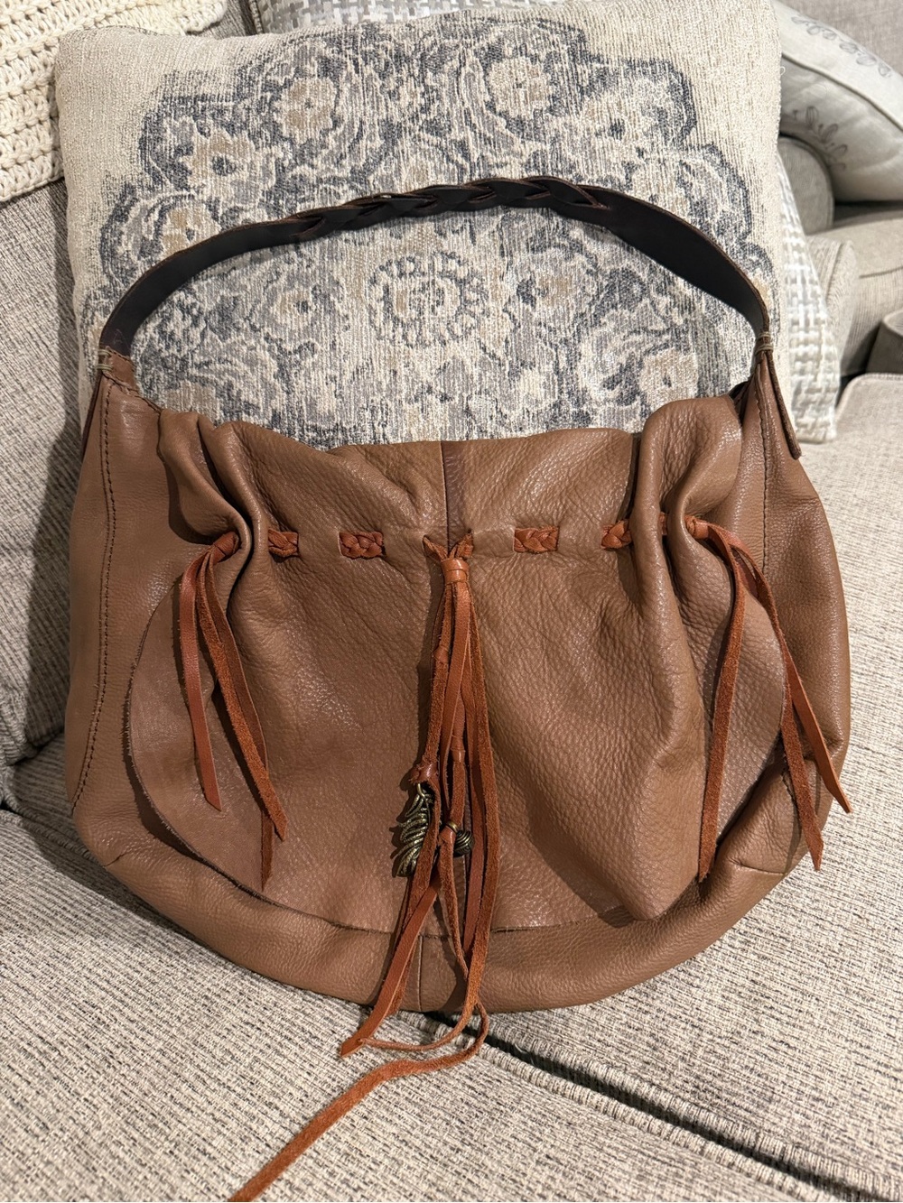 Lucky Brand Large Brown Leather Boho Fringe Tassel Hobo Bag GUC